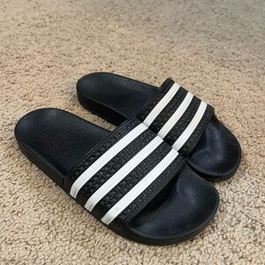 Adidas Black Slides with White Stripes